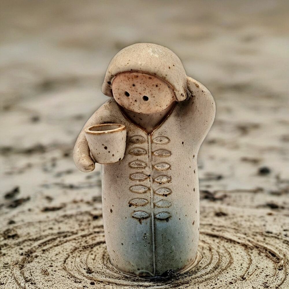 Vintage Hankyu Japan Stoneware Figurine Holding Cup Japanese Studio Pottery